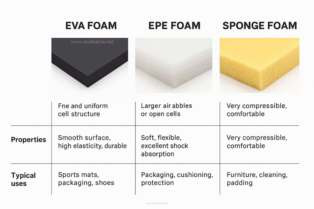 Ev Form Sponge Yintoni umahluko phakathi kwe-Eva foam, I-epe foam, kunye ne-sponge foam